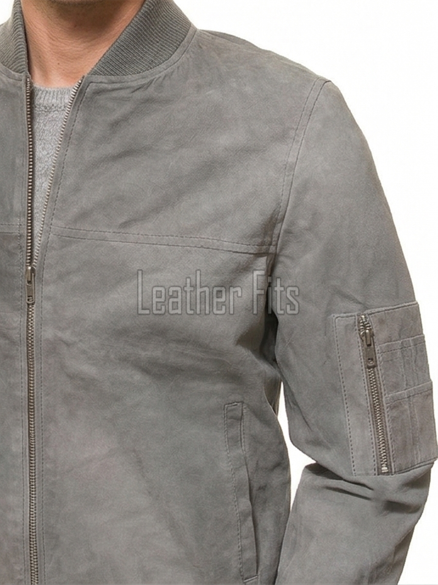 Men Smoke Grey Suede Bomber Jacket | Premium Distressed Nubuck Flight Blouson | Vintage Slate Gray Soft Genuine Leather MA1 Military Outerwear