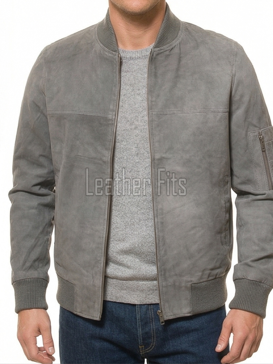 Men Smoke Grey Suede Bomber Jacket | Premium Distressed Nubuck Flight Blouson | Vintage Slate Gray Soft Genuine Leather MA1 Military Outerwear