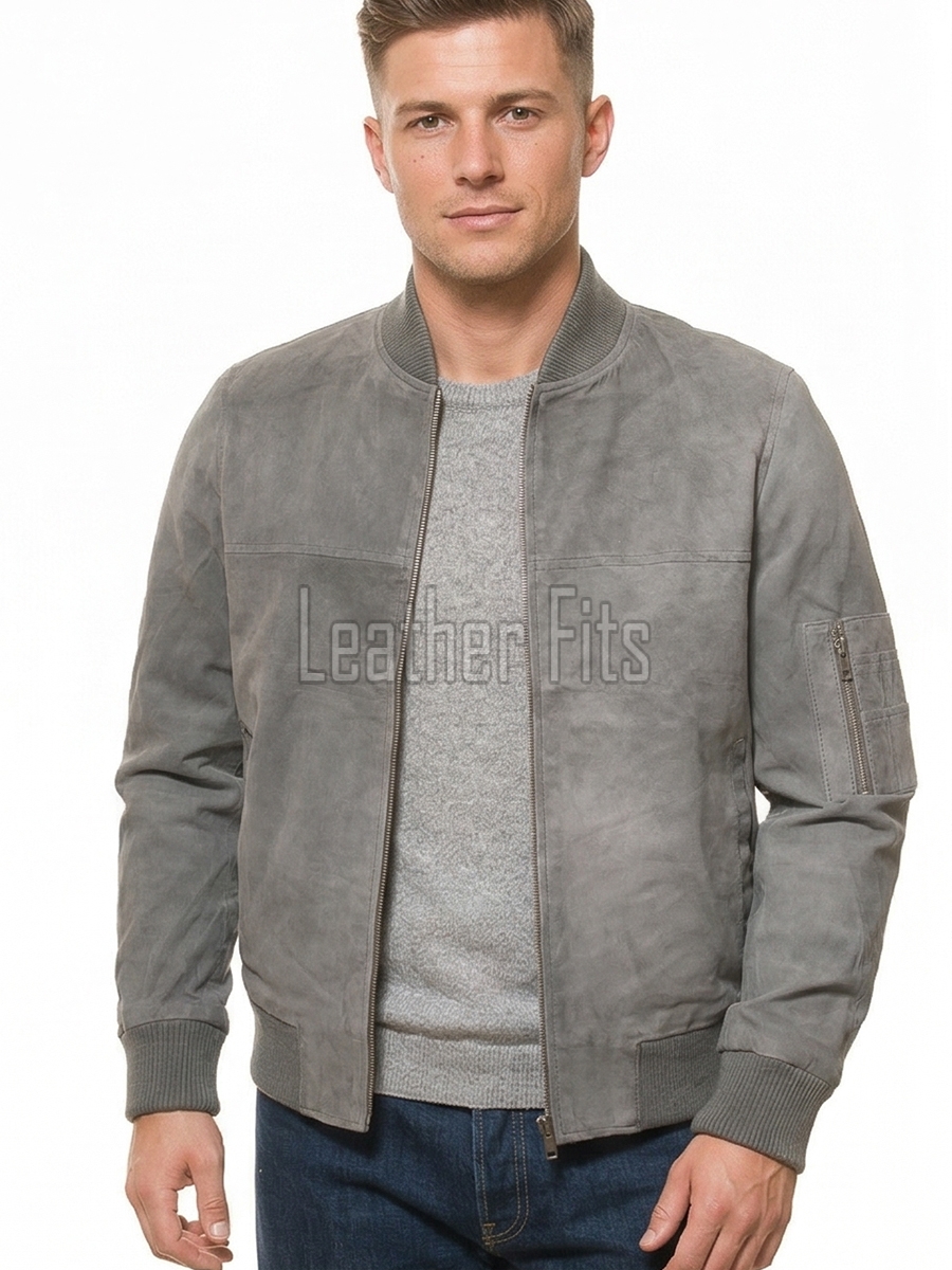 Men Smoke Grey Suede Bomber Jacket | Premium Distressed Nubuck Flight Blouson | Vintage Slate Gray Soft Genuine Leather MA1 Military Outerwear