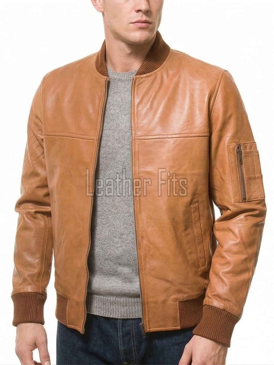 Men Ginger Tan Leather Bomber Jacket | Premium Smooth Cognac Flight Blouson | Vintage Honey Brown Genuine Nappa MA1 Aviator Statement Coat