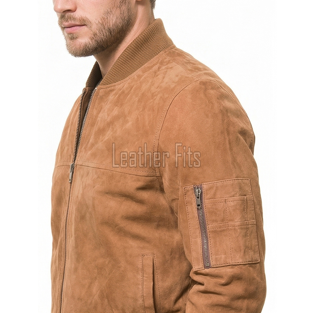 Men Tobacco Brown Suede Bomber Jacket | Premium Distressed Chestnut Flight Blouson | Vintage Russet Ochre Soft Genuine Leather MA1 Combat Coat