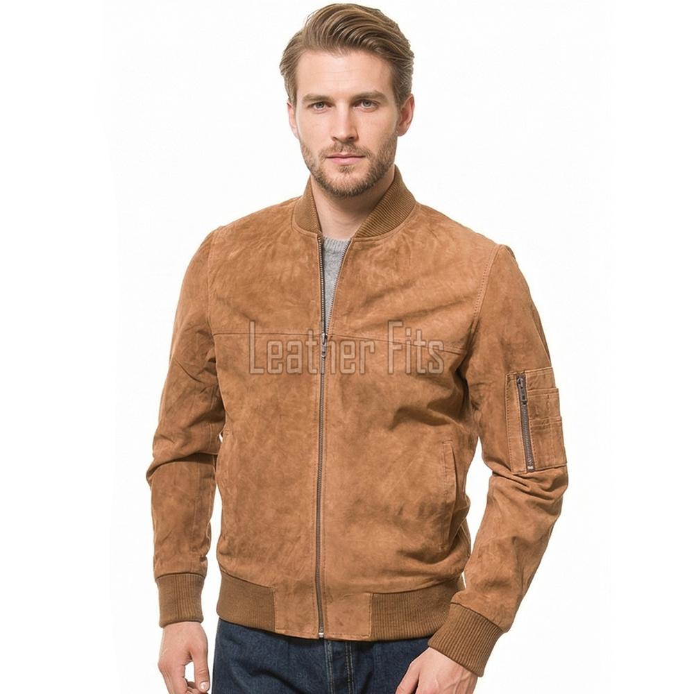 Men Tobacco Brown Suede Bomber Jacket | Premium Distressed Chestnut Flight Blouson | Vintage Russet Ochre Soft Genuine Leather MA1 Combat Coat