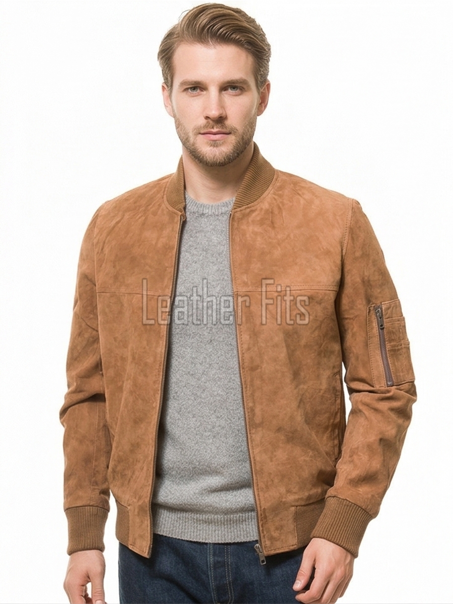 Men Tobacco Brown Suede Bomber Jacket | Premium Distressed Chestnut Flight Blouson | Vintage Russet Ochre Soft Genuine Leather MA1 Combat Coat