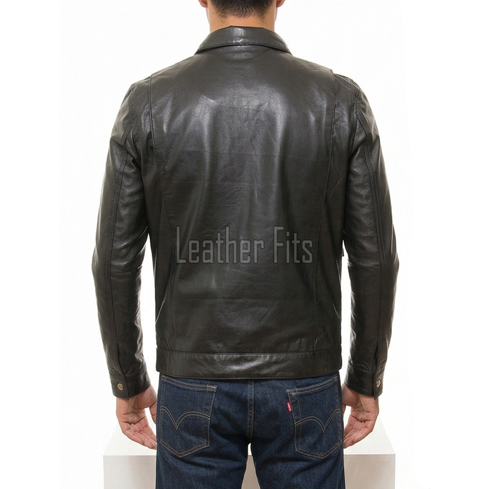 Men Black Leather Shirt Jacket | Premium Accordion Pleated Nappa Field Blouson | Vintage Dark Charcoal Genuine Leather Soft Uniform Utility Coat