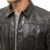 Men Black Leather Shirt Jacket | Premium Accordion Pleated Nappa Field Blouson | Vintage Dark Charcoal Genuine Leather Soft Uniform Utility Coat
