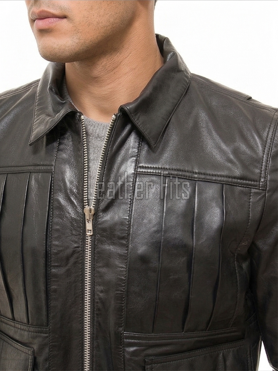 Men Black Leather Shirt Jacket | Premium Accordion Pleated Nappa Field Blouson | Vintage Dark Charcoal Genuine Leather Soft Uniform Utility Coat