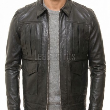 Men Black Leather Shirt Jacket | Premium Accordion Pleated Nappa Field Blouson | Vintage Dark Charcoal Genuine Leather Soft Uniform Utility Coat