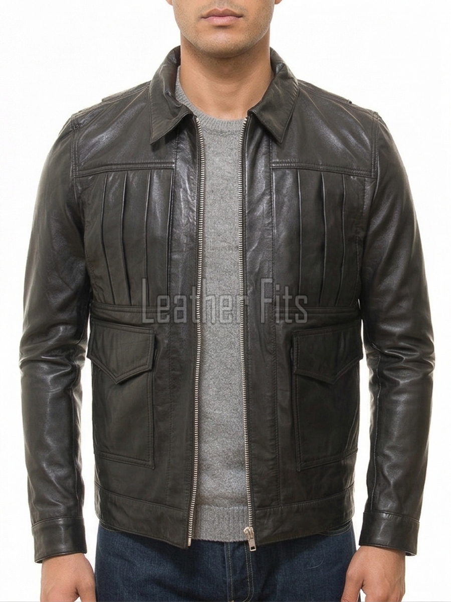 Men Black Leather Shirt Jacket | Premium Accordion Pleated Nappa Field Blouson | Vintage Dark Charcoal Genuine Leather Soft Uniform Utility Coat