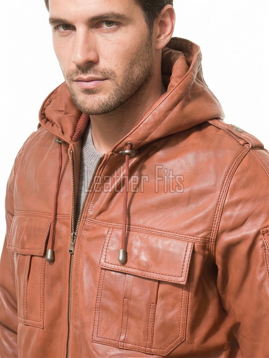 Men Copper Leather Hooded Bomber Jacket | Premium Clay Rust Aviator Field Blouson | Vintage Terracotta Genuine Nappa Multi-Pocket Combat Coat