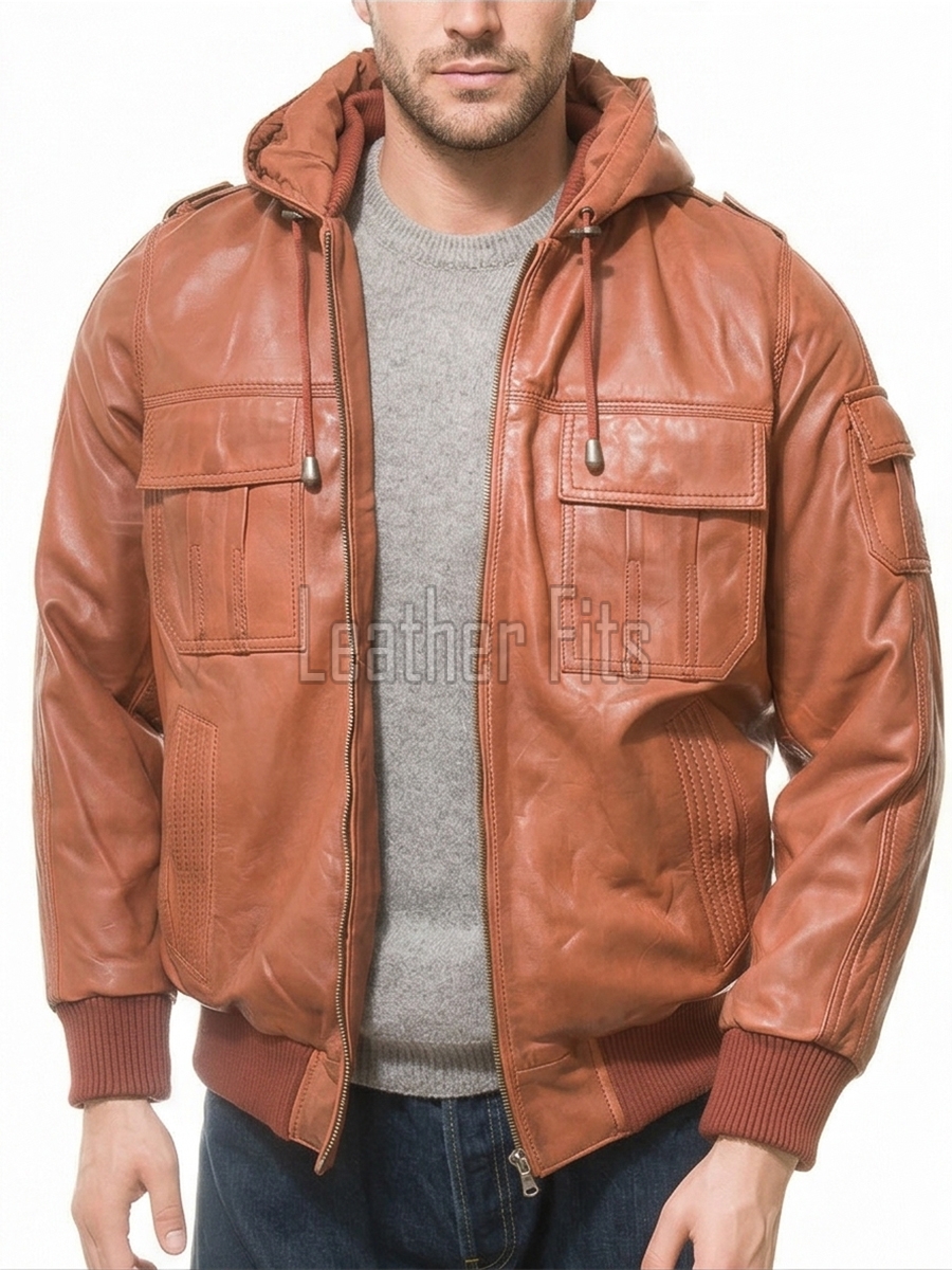 Men Copper Leather Hooded Bomber Jacket | Premium Clay Rust Aviator Field Blouson | Vintage Terracotta Genuine Nappa Multi-Pocket Combat Coat