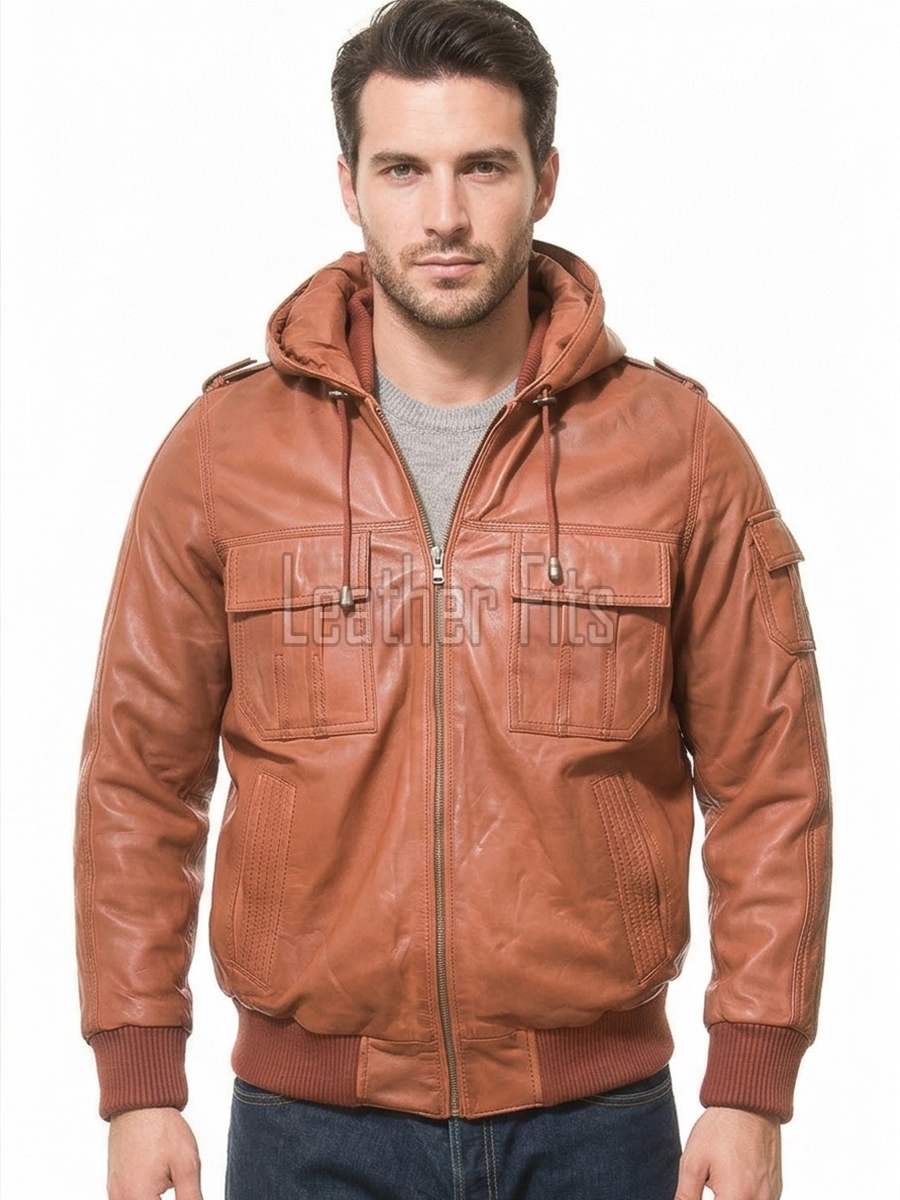 Men Copper Leather Hooded Bomber Jacket | Premium Clay Rust Aviator Field Blouson | Vintage Terracotta Genuine Nappa Multi-Pocket Combat Coat