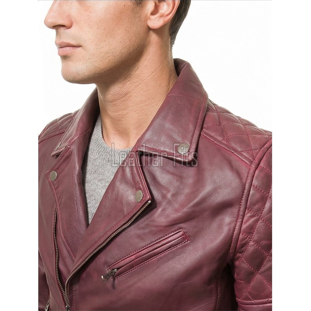 Men Burgundy Maroon Leather Biker Jacket | Premium Quilted Oxblood Brando Moto Blouson | Vintage Wine Red Genuine Nappa Asymmetric Rocker Coat