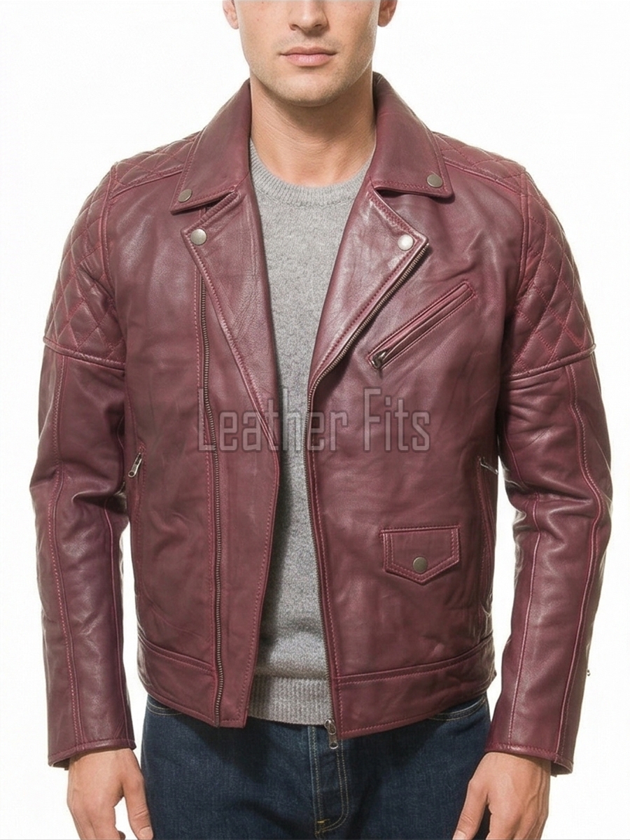 Men Burgundy Maroon Leather Biker Jacket | Premium Quilted Oxblood Brando Moto Blouson | Vintage Wine Red Genuine Nappa Asymmetric Rocker Coat
