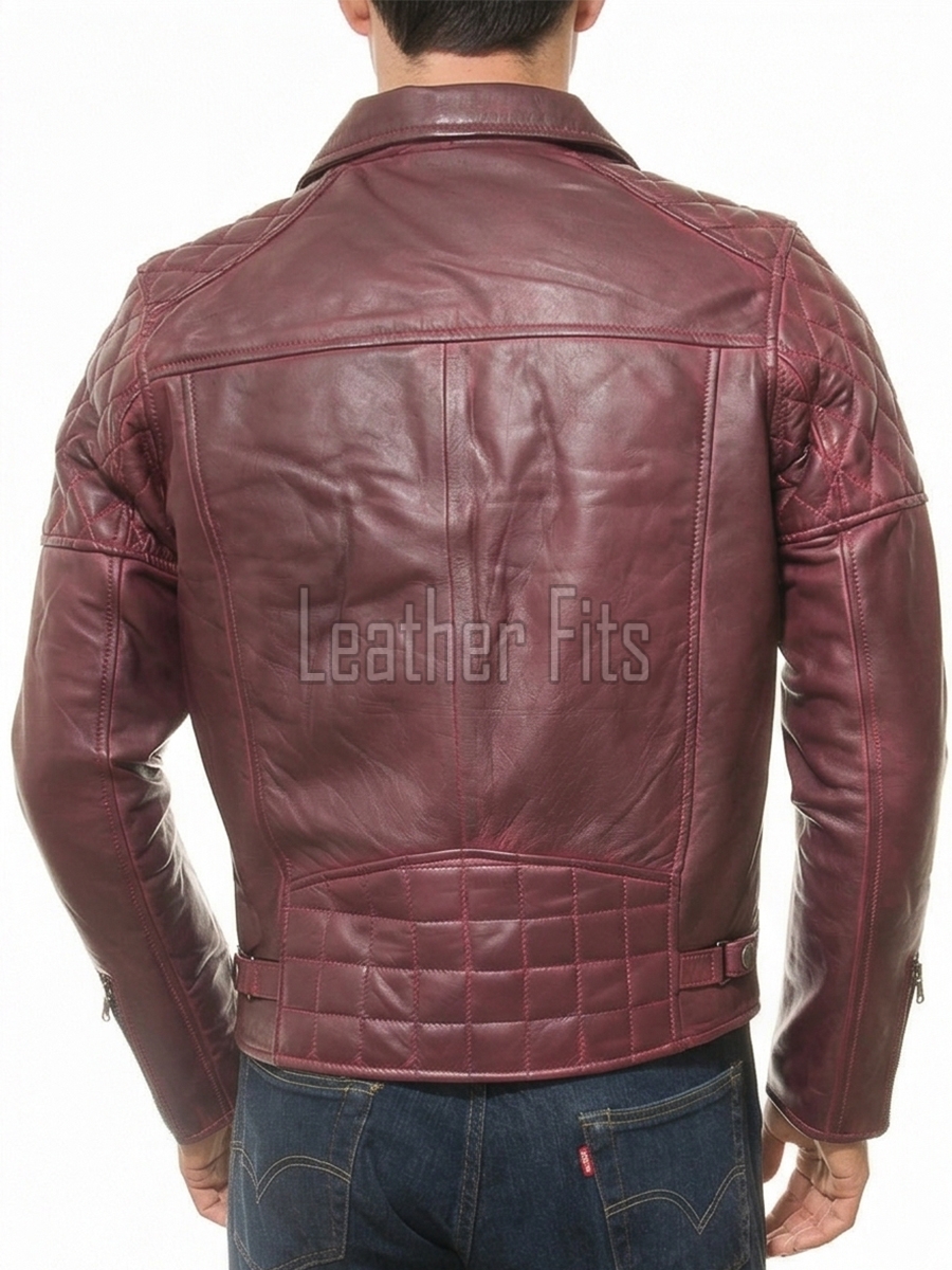 Men Burgundy Maroon Leather Biker Jacket | Premium Quilted Oxblood Brando Moto Blouson | Vintage Wine Red Genuine Nappa Asymmetric Rocker Coat
