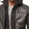 Men Black Leather Jacket with Hood | Premium Modular Café Racer Motorcycle Blouson | Fitted Genuine Sheepskin Ribbed Shoulder Streetwear Coat
