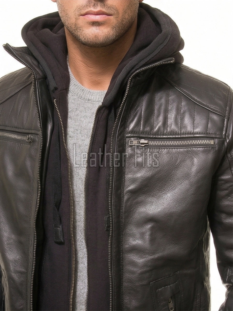Men Black Leather Jacket with Hood | Premium Modular Café Racer Motorcycle Blouson | Fitted Genuine Sheepskin Ribbed Shoulder Streetwear Coat