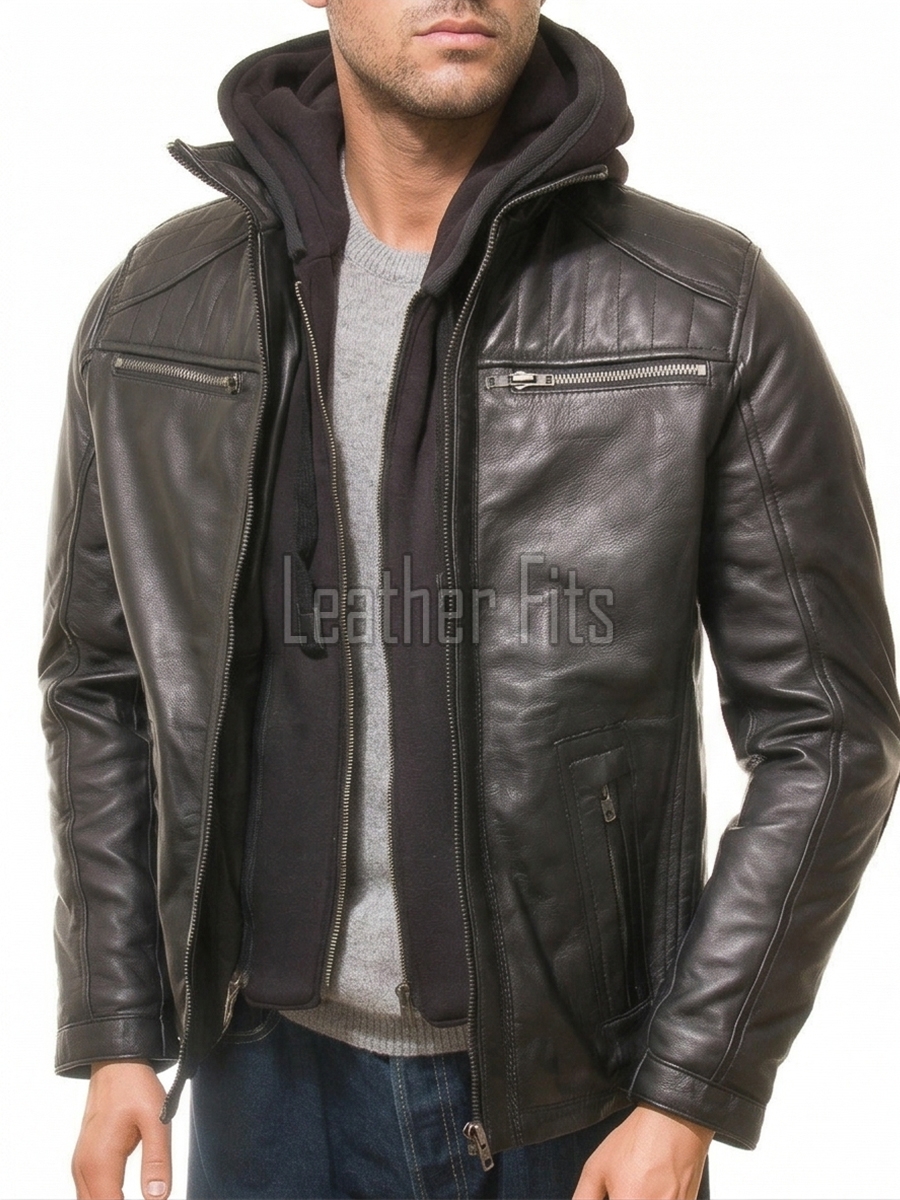 Men Black Leather Jacket with Hood | Premium Modular Café Racer Motorcycle Blouson | Fitted Genuine Sheepskin Ribbed Shoulder Streetwear Coat