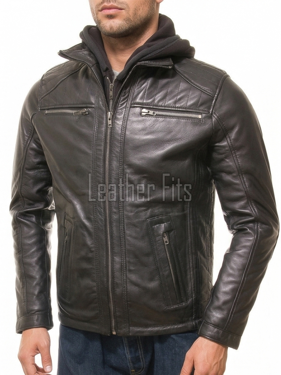 Men Black Leather Jacket with Hood | Premium Modular Café Racer Motorcycle Blouson | Fitted Genuine Sheepskin Ribbed Shoulder Streetwear Coat