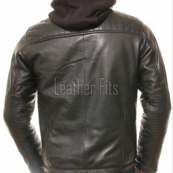 Men Black Leather Jacket with Hood | Premium Modular Café Racer Motorcycle Blouson | Fitted Genuine Sheepskin Ribbed Shoulder Streetwear Coat
