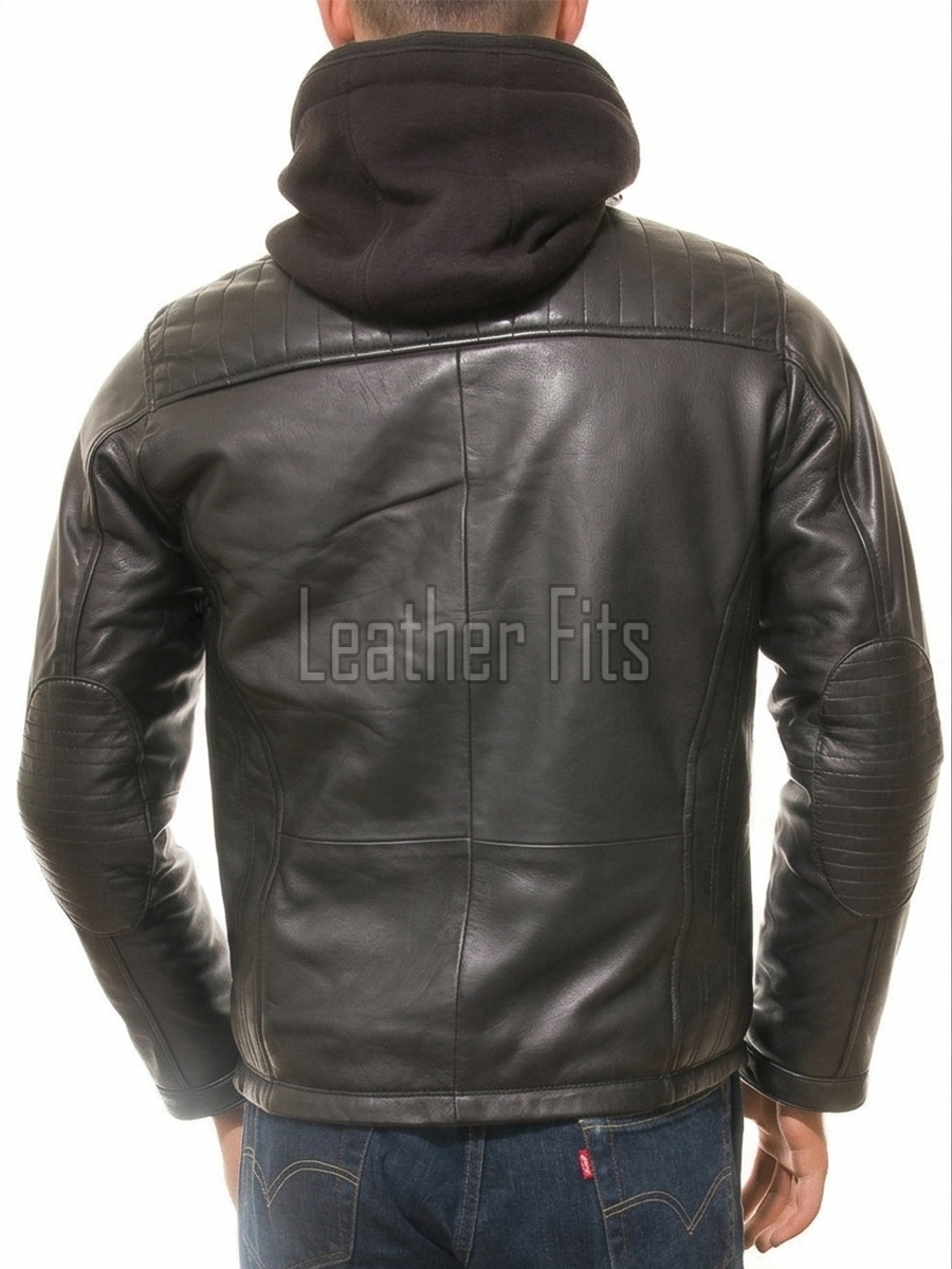 Men Black Leather Jacket with Hood | Premium Modular Café Racer Motorcycle Blouson | Fitted Genuine Sheepskin Ribbed Shoulder Streetwear Coat