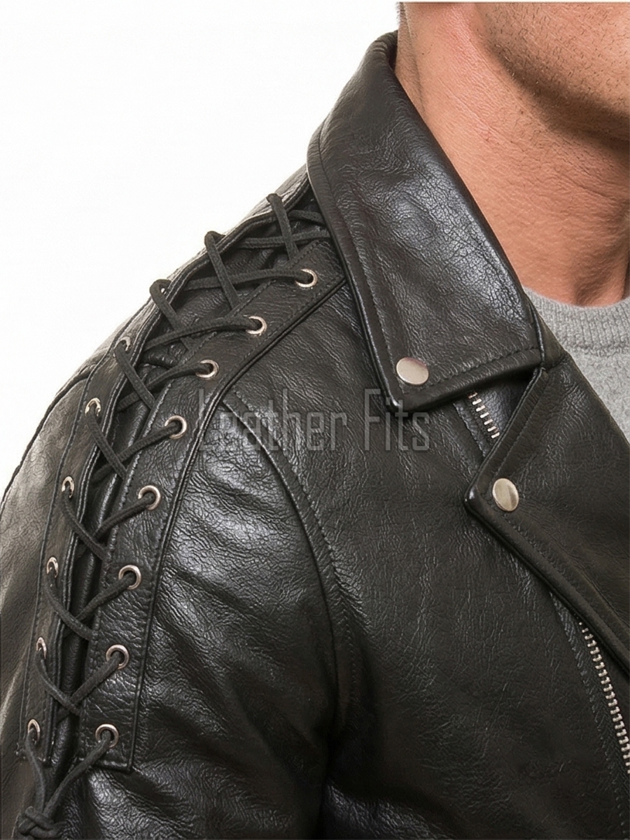 Men Black Leather Eagle Biker Jacket | Premium Laced Sleeve Cruiser Moto Coat | Vintage Live to Ride Embossed Genuine Cowhide Chopper Blouson
