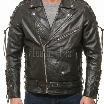 Men Black Leather Eagle Biker Jacket | Premium Laced Sleeve Cruiser Moto Coat | Vintage Live to Ride Embossed Genuine Cowhide Chopper Blouson