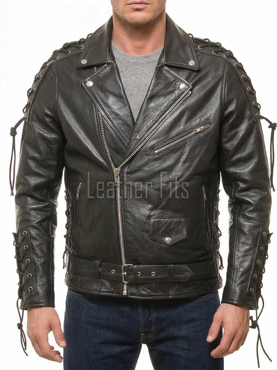 Men Black Leather Eagle Biker Jacket | Premium Laced Sleeve Cruiser Moto Coat | Vintage Live to Ride Embossed Genuine Cowhide Chopper Blouson