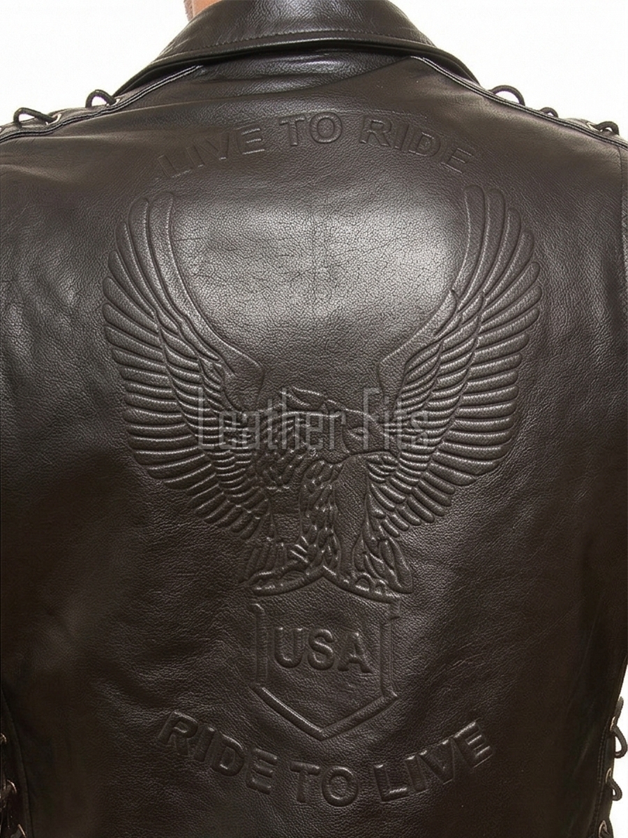 Men Black Leather Eagle Biker Jacket | Premium Laced Sleeve Cruiser Moto Coat | Vintage Live to Ride Embossed Genuine Cowhide Chopper Blouson