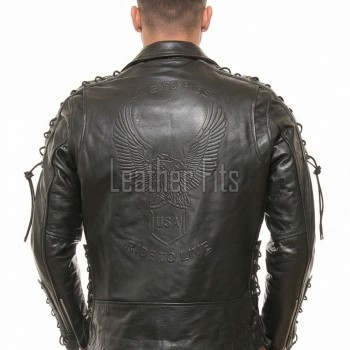 Men Black Leather Eagle Biker Jacket | Premium Laced Sleeve Cruiser Moto Coat | Vintage Live to Ride Embossed Genuine Cowhide Chopper Blouson