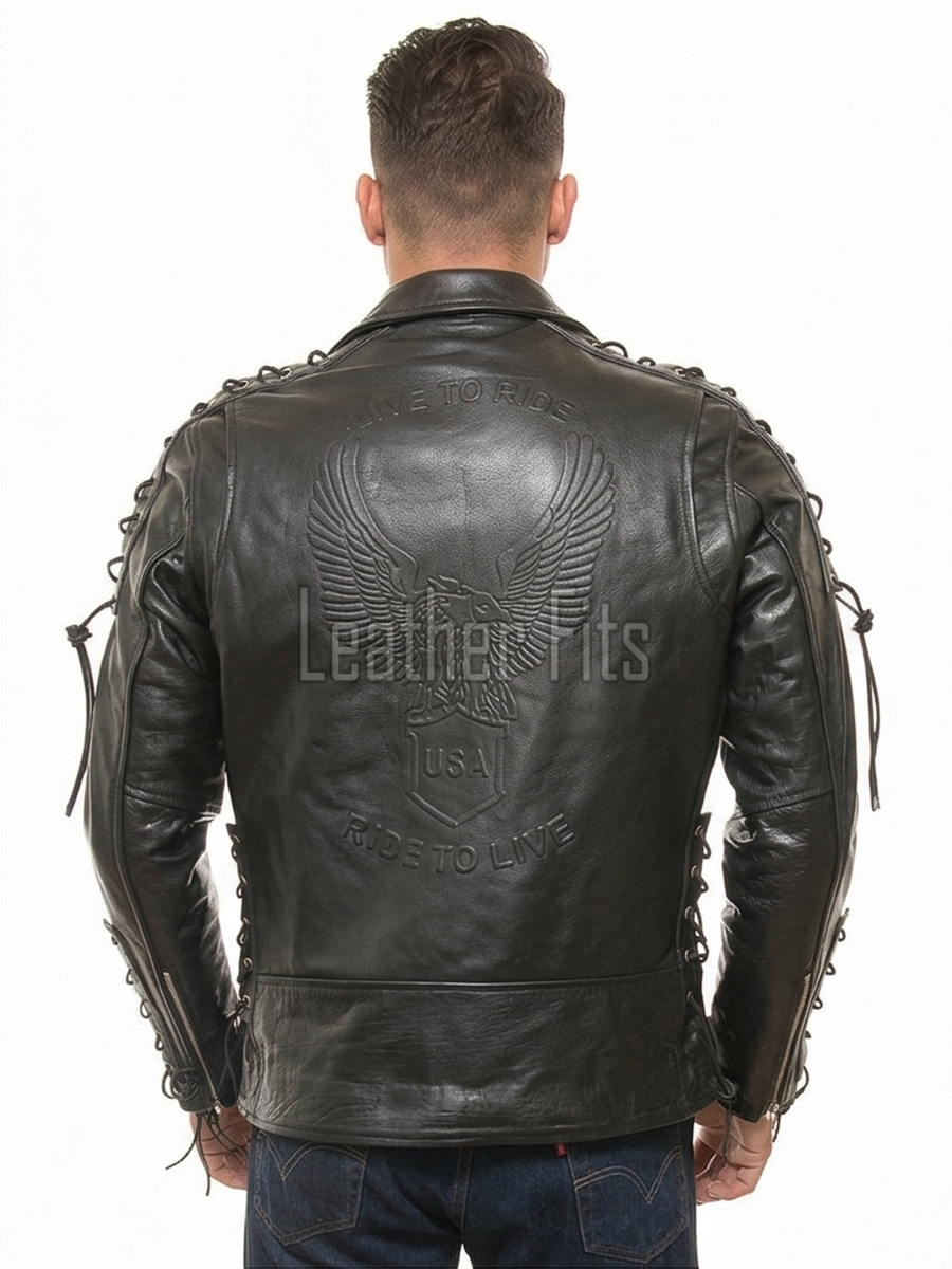 Men Black Leather Eagle Biker Jacket | Premium Laced Sleeve Cruiser Moto Coat | Vintage Live to Ride Embossed Genuine Cowhide Chopper Blouson