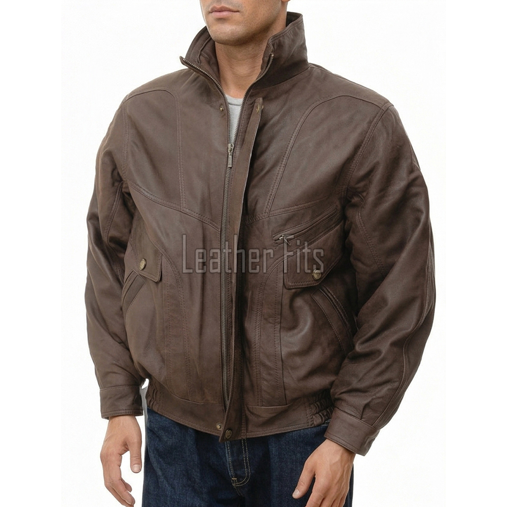 Men Brown Leather Bomber Jacket | Premium Curved Panel Flight Blouson | Vintage Cocoa Genuine Cowhide Windproof Funnel Neck Outerwear
