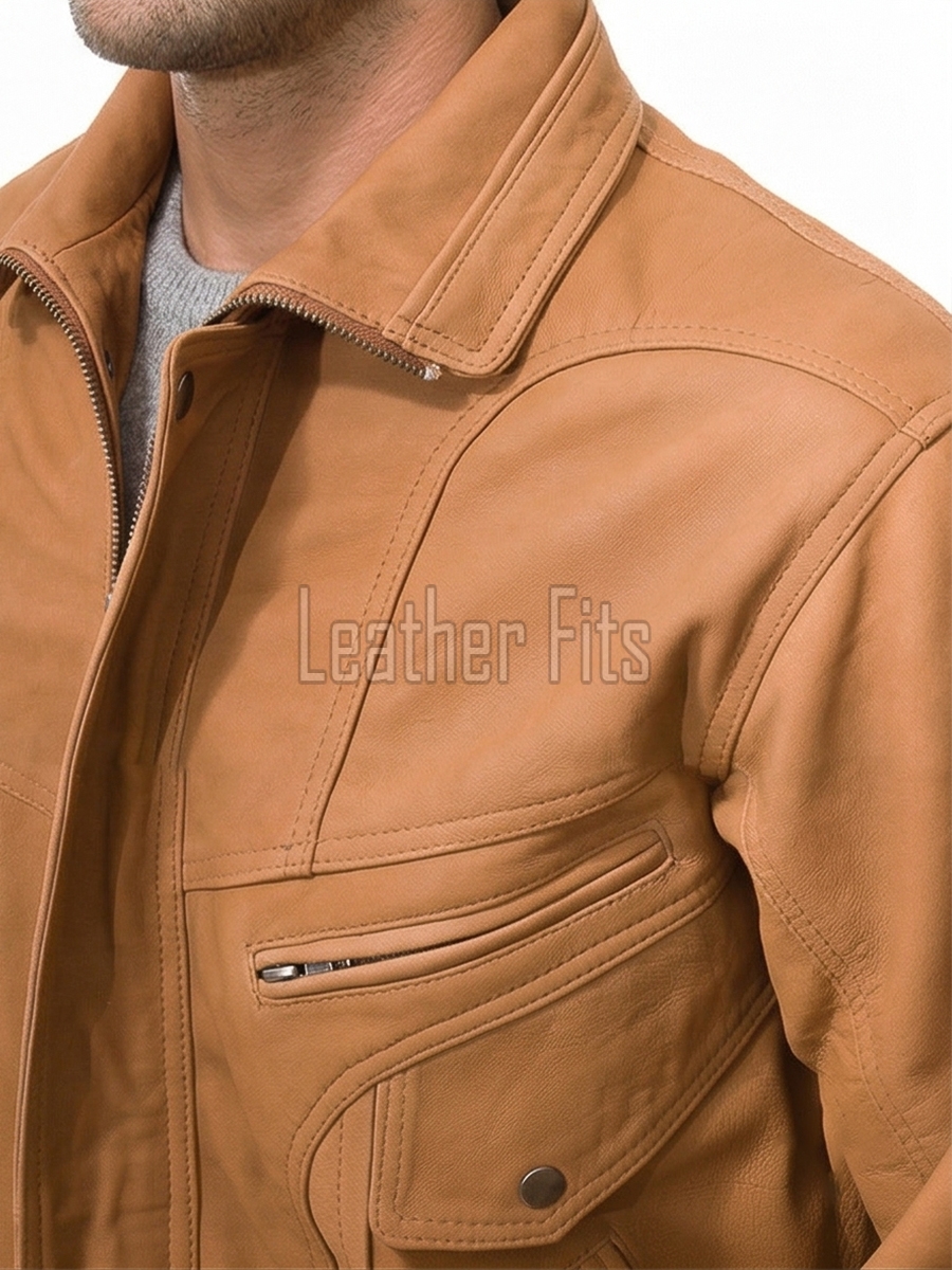 Men Brown Leather Jacket | Premium Coffee Tan Flight Bomber Blouson | Vintage Umber Genuine Cowhide Windproof High Neck Cargo Coat