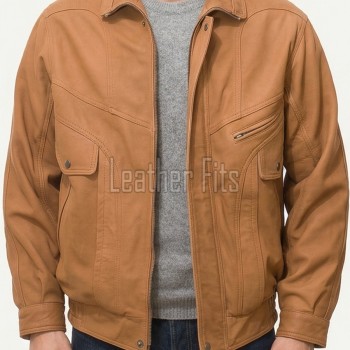 Men Brown Leather Jacket | Premium Coffee Tan Flight Bomber Blouson | Vintage Umber Genuine Cowhide Windproof High Neck Cargo Coat