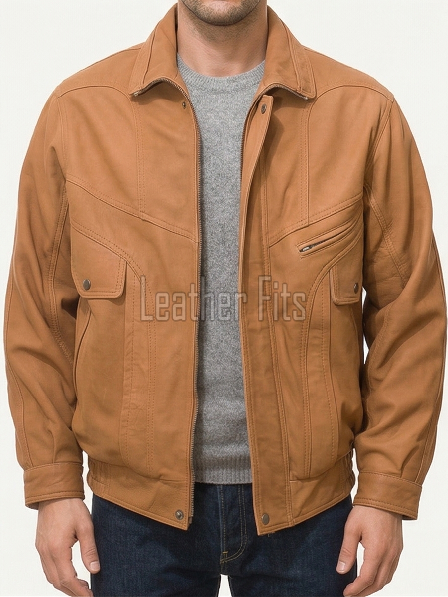 Men Brown Leather Jacket | Premium Coffee Tan Flight Bomber Blouson | Vintage Umber Genuine Cowhide Windproof High Neck Cargo Coat