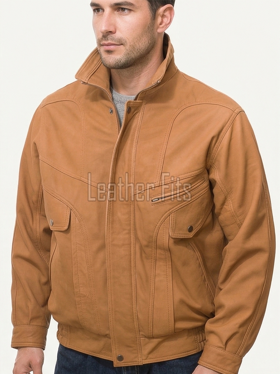 Men Brown Leather Jacket | Premium Coffee Tan Flight Bomber Blouson | Vintage Umber Genuine Cowhide Windproof High Neck Cargo Coat