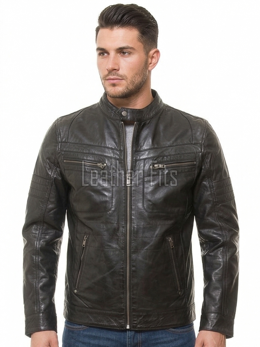 Men's Premium Vintage Coffee Tan Leather Jacket | Top-Grain Cowhide Flight Blouson with Funnel Neck and Storm Flap for Men
