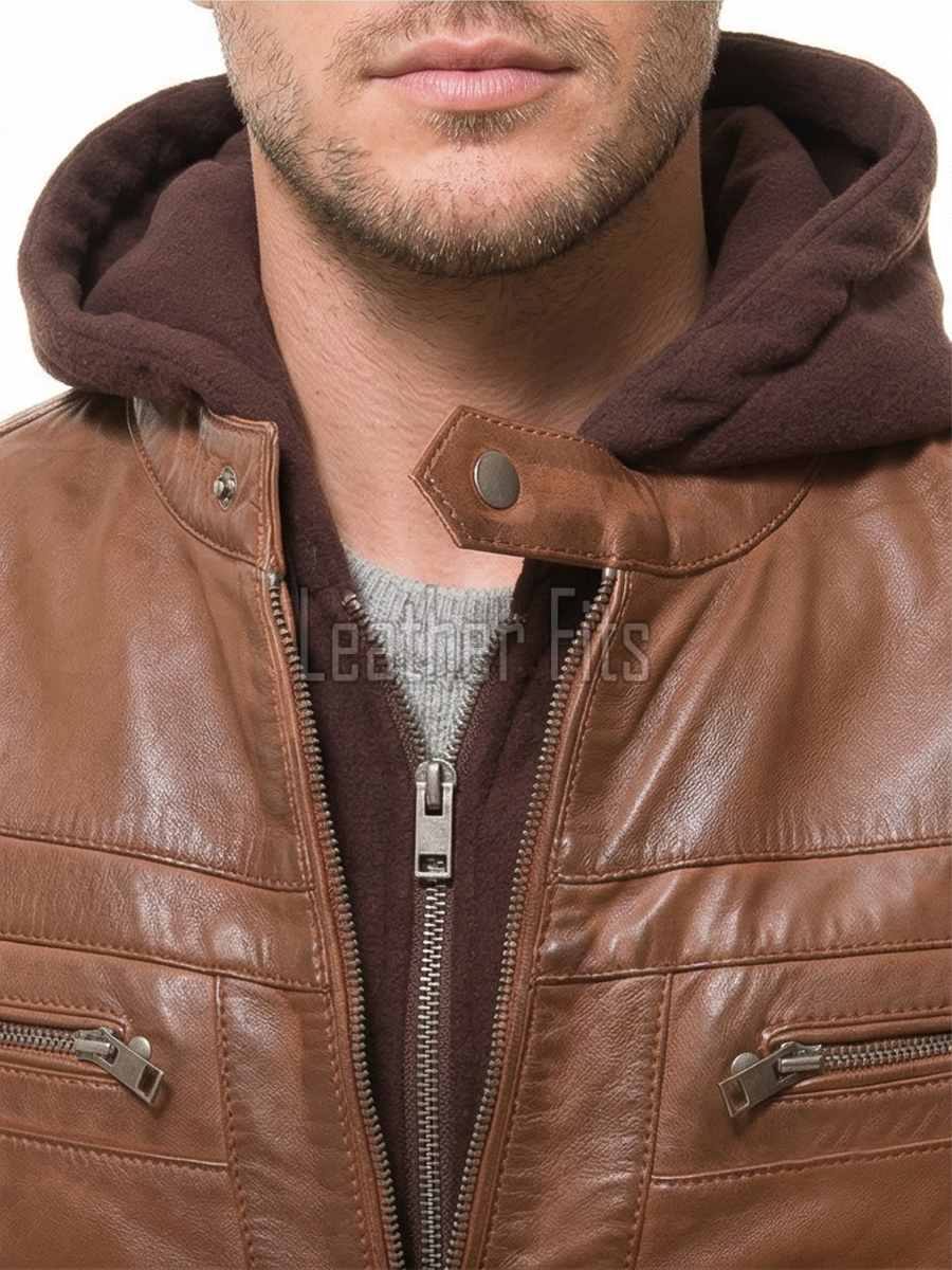 Men's Slim Fit Brown Leather Jacket with Removable Fleece Hood | Premium Genuine Leather Streetwear Outerwear for Men
