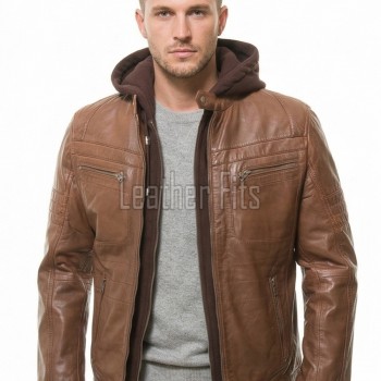 Men's Slim Fit Brown Leather Jacket with Removable Fleece Hood | Premium Genuine Leather Streetwear Outerwear for Men