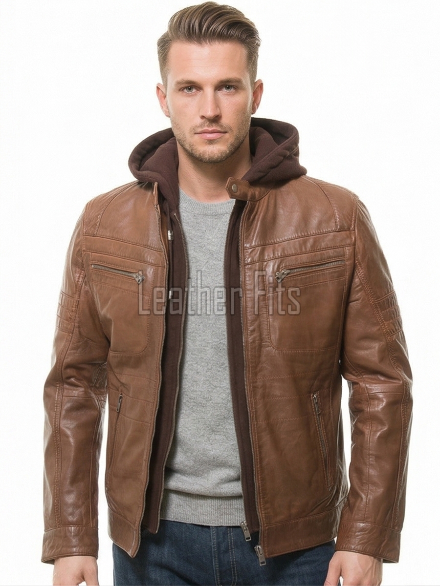 Men's Slim Fit Brown Leather Jacket with Removable Fleece Hood | Premium Genuine Leather Streetwear Outerwear for Men