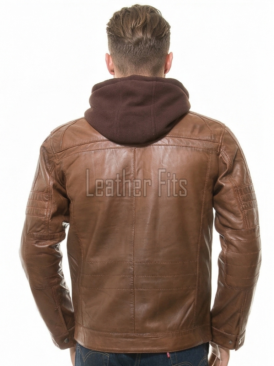 Men's Slim Fit Brown Leather Jacket with Removable Fleece Hood | Premium Genuine Leather Streetwear Outerwear for Men