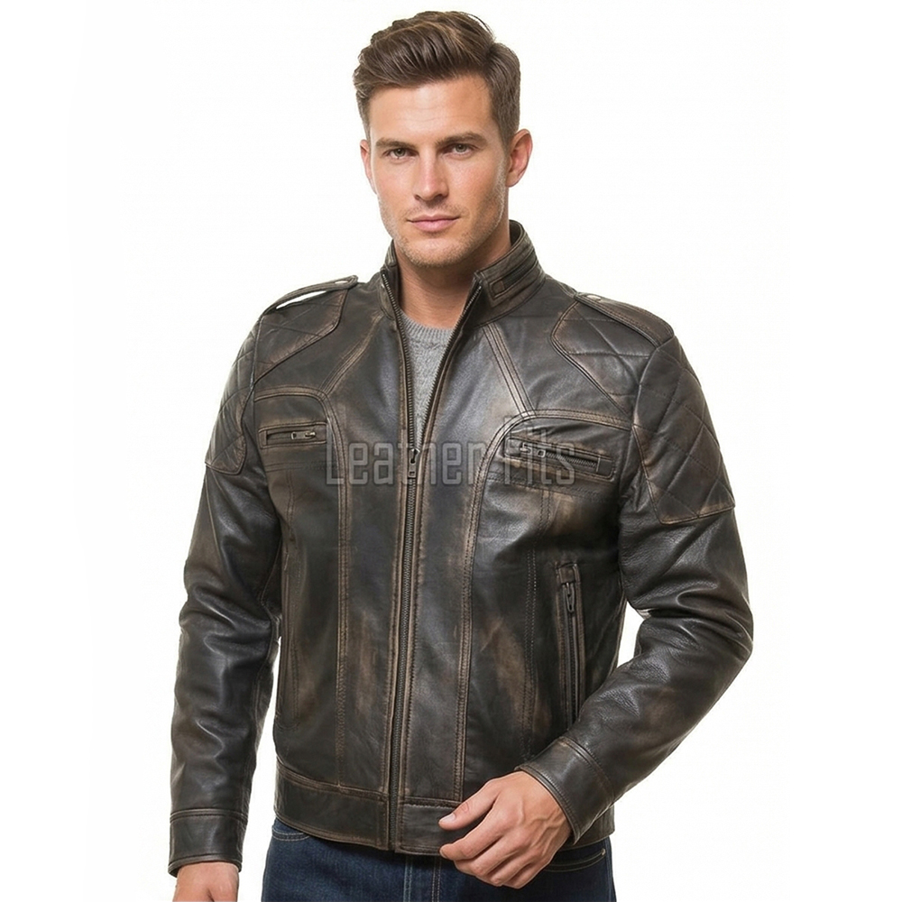 Men's Slim Fit Distressed Brown Leather Biker Jacket | Vintage Cafe Racer Motorcycle Genuine Leather Outerwear with Quilted Shoulders