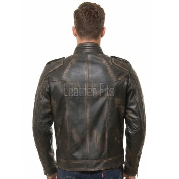 Men's Slim Fit Distressed Brown Leather Biker Jacket | Vintage Cafe Racer Motorcycle Genuine Leather Outerwear with Quilted Shoulders