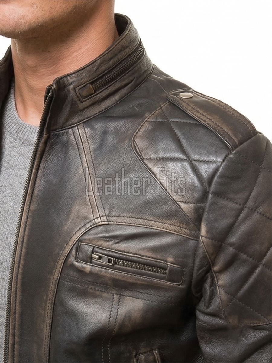 Men's Slim Fit Distressed Brown Leather Biker Jacket | Vintage Cafe Racer Motorcycle Genuine Leather Outerwear with Quilted Shoulders