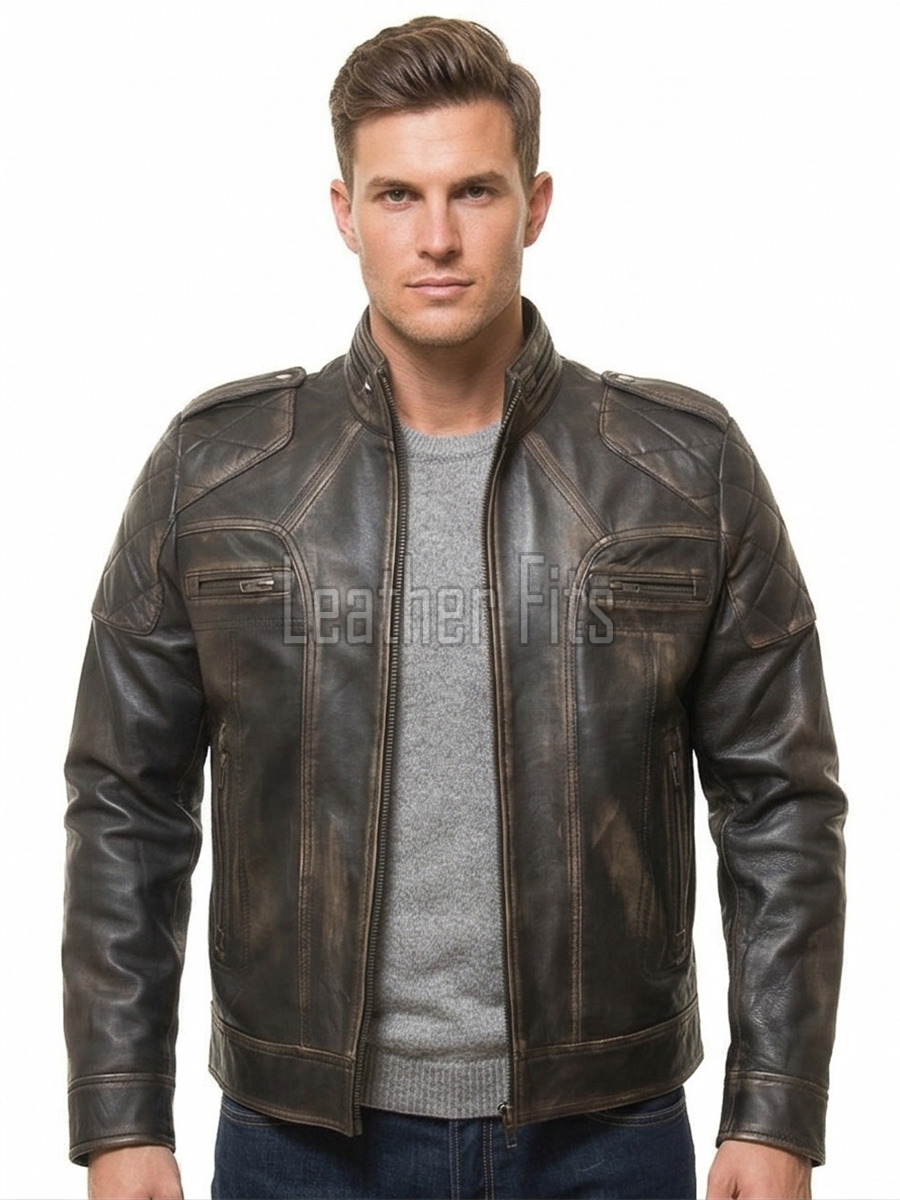Men's Slim Fit Distressed Brown Leather Biker Jacket | Vintage Cafe Racer Motorcycle Genuine Leather Outerwear with Quilted Shoulders