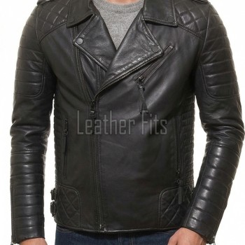 Men's Black Leather Brando Biker Jacket | Vintage Asymmetric Cafe Racer Motorcycle Genuine Leather Jacket with Adjustable Waist Buckles