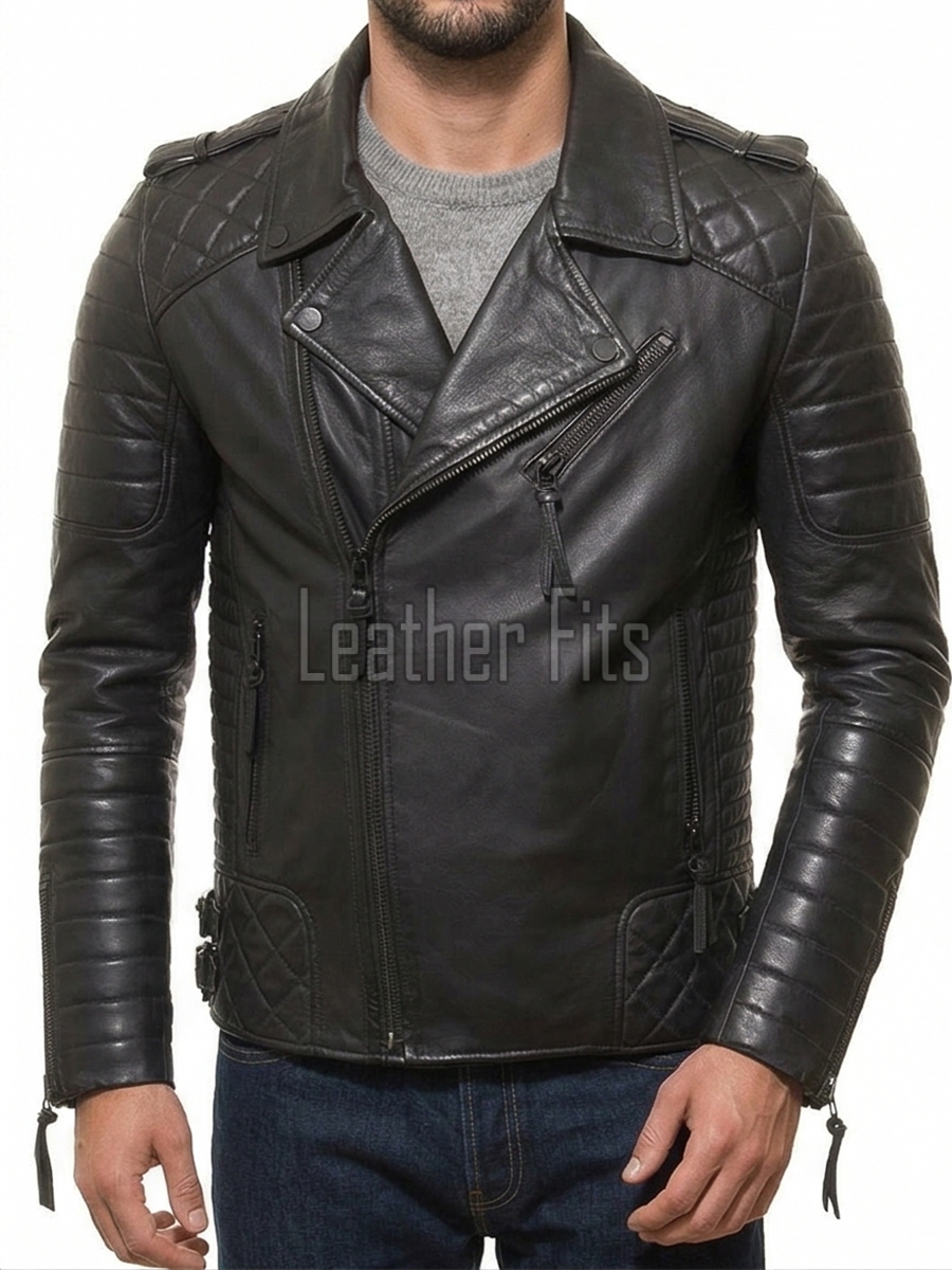 Men's Black Leather Brando Biker Jacket | Vintage Asymmetric Cafe Racer Motorcycle Genuine Leather Jacket with Adjustable Waist Buckles