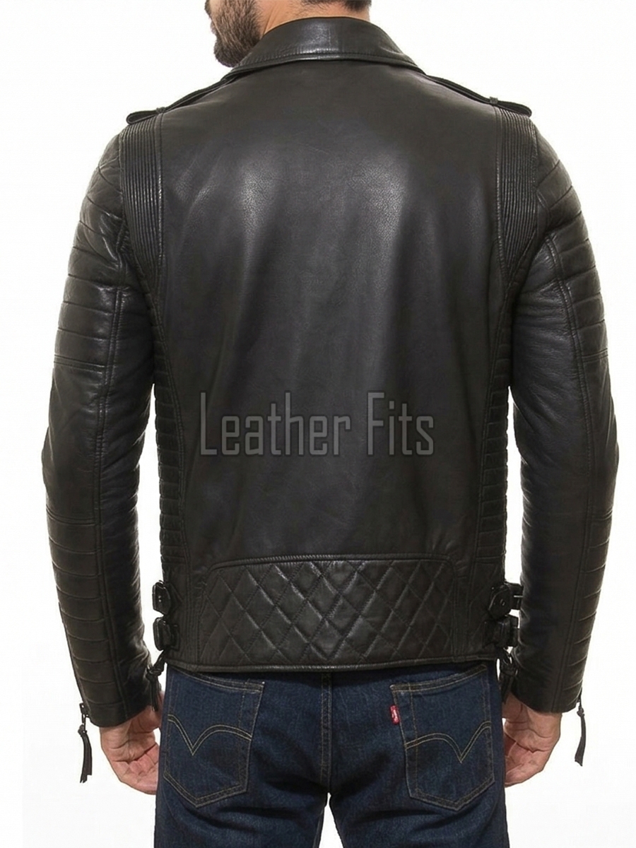 Men's Black Leather Brando Biker Jacket | Vintage Asymmetric Cafe Racer Motorcycle Genuine Leather Jacket with Adjustable Waist Buckles