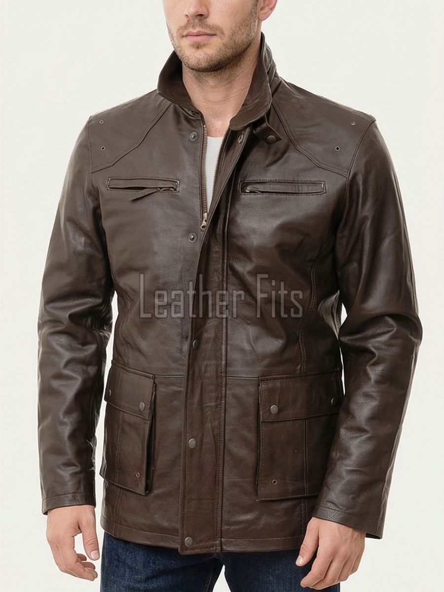 Men Dark Brown Leather Long Coat | Premium Sheepskin Tailored Field Overcoat | Luxury Business Formal Winter Evening Trench Jacket