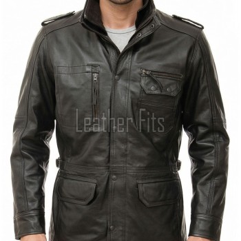 Men Black Leather Long Coat | Premium Lambskin Tailored Field Overcoat | Luxury Dual Closure Smart Business Formal Winter Trench Jacket