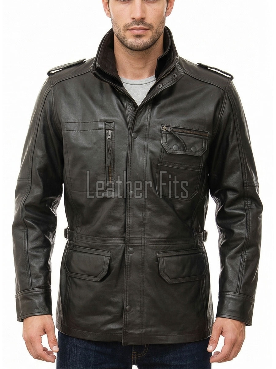 Men Black Leather Long Coat | Premium Lambskin Tailored Field Overcoat | Luxury Dual Closure Smart Business Formal Winter Trench Jacket